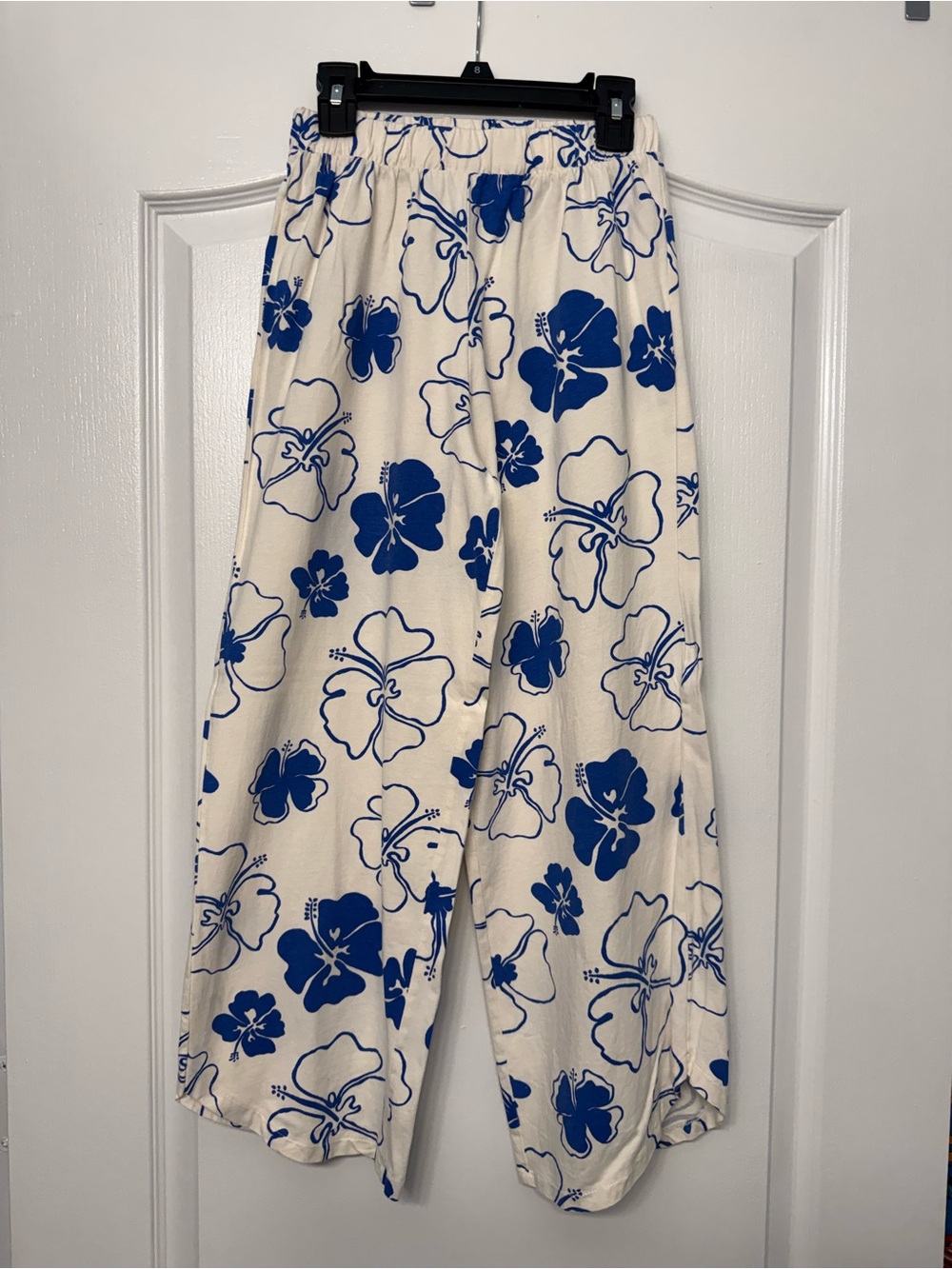 Zara Girls 13-14 Floral Wide Leg Pants Blue White Hibiscus Cotton Elastic Waist